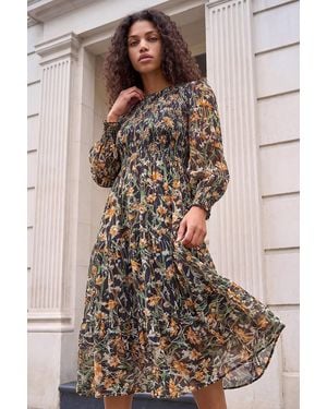 Roman Petite Floral Shirred Dress - Brown