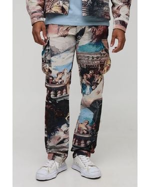 BoohooMAN Renaissance Tapestry Stacked Straight Fit Cargo Trousers - Blue