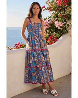 Roman Petite Print Ric Rac Tiered Midi Dress - Blue