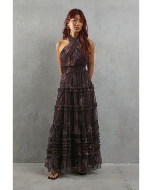 Warehouse Tulle Floral Halter Shirred Waist Tier Maxi Dress - Grey