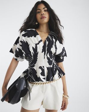 River Island Top Short Sleeve Printed Shirred Cotton - White