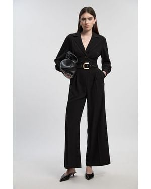 Karen Millen Tailored Crepe Belted Wide Leg Jumpsuit - Black