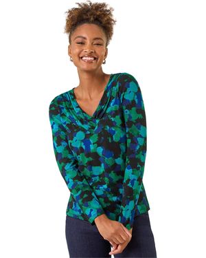 Roman Printed V-Neck Stretch Top - Blue