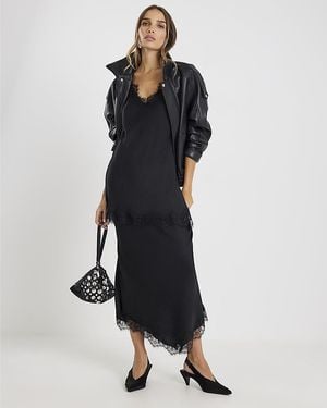 River Island Midi Skirt Satin Lace Trim - Black