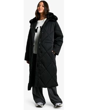 Boohoo Premium Faux Fur Trim Quilted Maxi Parka - Black