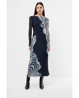 French Connection Marble Print Mesh Long Sleeve Side Slit Midi Dress - Blue