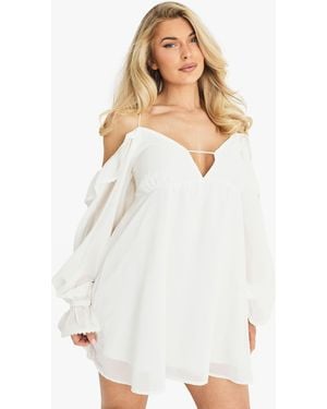 Boohoo Chiffon Cold Shoulder Layered Mini Dress - White