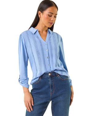 Roman Petite Cotton Lace Trim Blouse - Blue