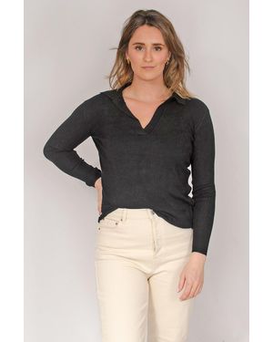 Secret Label Ribbed Collared Long Sleeve Top - Black