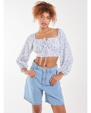Pink Vanilla Long Sleeve Cropped Milkmaid Top - White