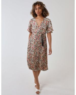 Blue Vanilla Wrap Front Pleated Hem Dress With Angel Sleeves - Brown