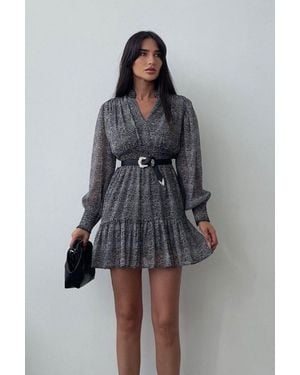 Hiccup Tulle V Neck Long Sleeve Mini A-Line Dress - Grey
