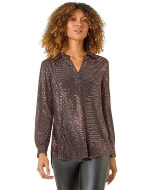 Roman Sequin Stretch Shirt Top - Brown