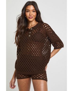 Boohoo Crochet Oversized Knitted Beach Shirt And Short Set - Brown