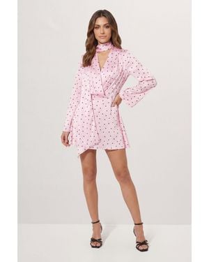 MissPap Premium Spot Print Tie Neck Mini Dress - Pink
