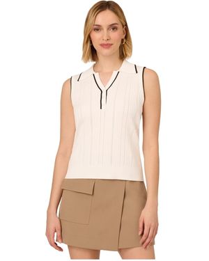 Adrianna Papell Sleeveless Open Y-Polo Mix Rib Cable Tipped Jumper - Natural
