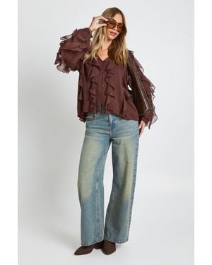Boohoo Ruffle Chiffon Blouse - Brown