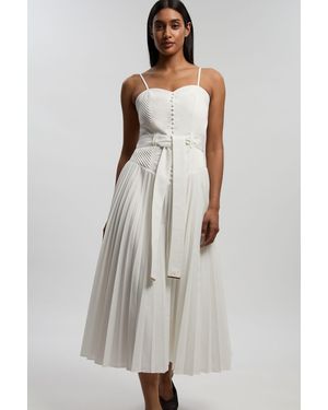 Karen Millen Cotton Top Stitch Dropped Waist Woven Strappy Midi Dress - White