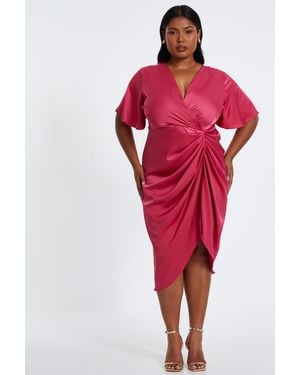 Quiz Curve Raspberry Satin Wrap Midi Dress - Red