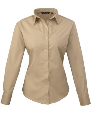 PREMIER Ladies Poplin Long Sleeve Blouse Plain Work Shirt - Natural