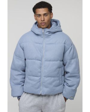 BoohooMAN Oversized Fit Knitted Hooded Puffer Jacket - Blue