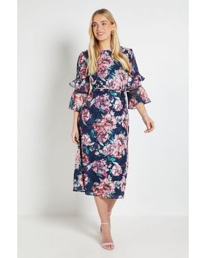 Wallis Petite Floral Burn Out Ruffle Midi Dress - Blue
