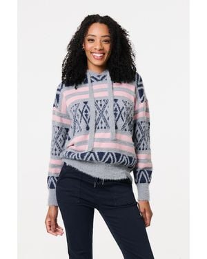 Izabel London Ikat Print Relaxed Hooded Sweatshirt - Blue