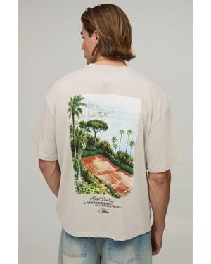 BoohooMAN Oversized Boxy Script Tennis Court Print T-Shirt - Grey