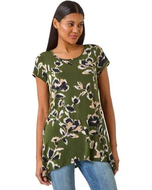 Roman Leaf Print Hanky Hem Tunic Top - Green