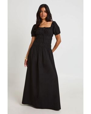 Boohoo Cotton Poplin Shirred Bodice Puff Sleeve Maxi Dress - Black