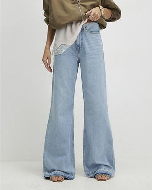 River Island Wide Leg Jeans Clean Waist Turn Down Hem Cotton - Blue