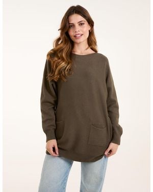 Blue Vanilla Pocket Slash Neck Jumper - Brown