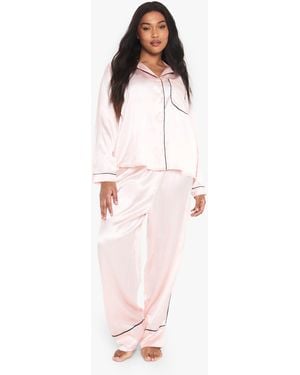 Boohoo Plus Contrast Piping Satin Long Sleeve Pyjama Shirt And Trouser Set - Pink