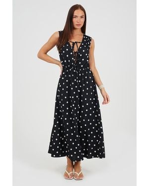 Brave Soul Polka Dot Sleeveless Maxi Dress With Front Tie - Black