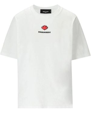 DSquared² Pixel Leaf Logo Print Crew Neck T-Shirt Cotton - White