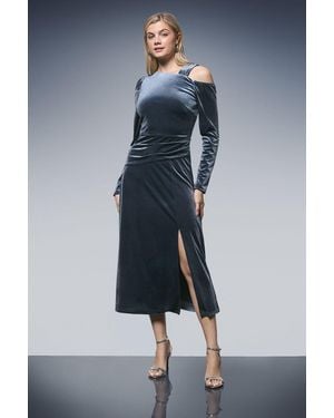 PRINCIPLES Asymmetric Neck Velvet Midi Dress - Blue