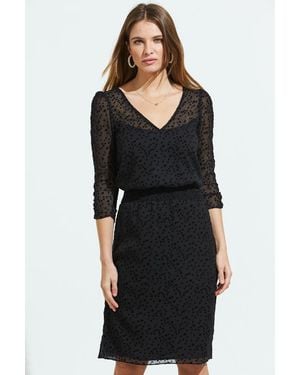 Sosandar Flock Spot Detail Shirred Waist Mesh Dress - Black