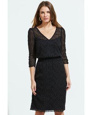 Sosandar Flock Spot Detail Shirred Waist Mesh Dress - Black