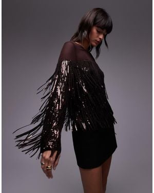 & Other Stories Co-Ord Tassel Fringe Sequins Top With Sheer Panels - Black