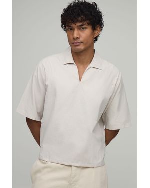 BoohooMAN Oversized Boxy Poplin Check V-Neck Polo - Brown