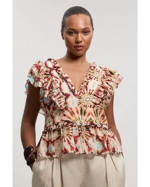 Karen Millen Plus Size Tile Print Silk Cotton Ruffle Detail Woven Top - Multicolour