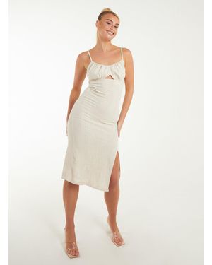 Pink Vanilla Ruched Linen Style Midi Dress - White