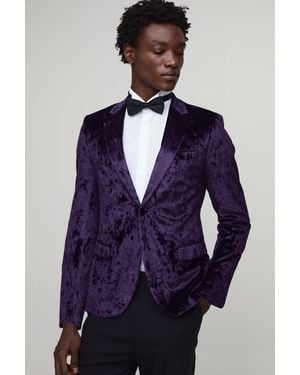 BoohooMAN Skinny Fit Crushed Velvet Blazer - Blue