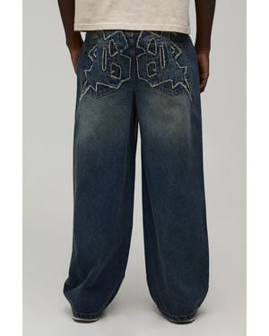 BoohooMAN Gothic Applique Baggy Fit Jeans - Blue