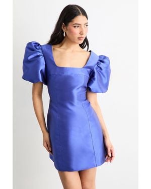 Warehouse Puff Sleeve A-Line Mini Dress - Blue