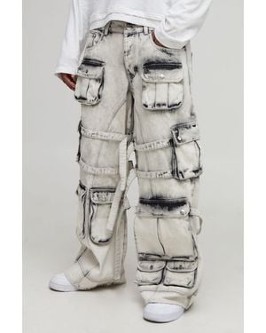 BoohooMAN Super Baggy Extreme Washed Multi Cargo Jeans - Grey