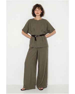 Bianco Lucci Viscose-Linen Blouse And Wide-Leg Trousers Set - Green