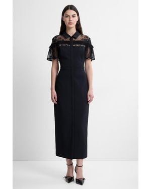 French Connection Collared Short Sleeve Floral Lace Midi Dress - Black