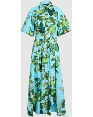 Karen Millen Lime Print Cotton Puff Sleeve Woven Midi Shirt Dress With Dropped Waist Detail - Green