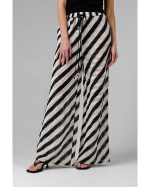 French Connection Cotton Blend Stripe Crochet Elasticated Drawstring Wide Leg Trousers - Black